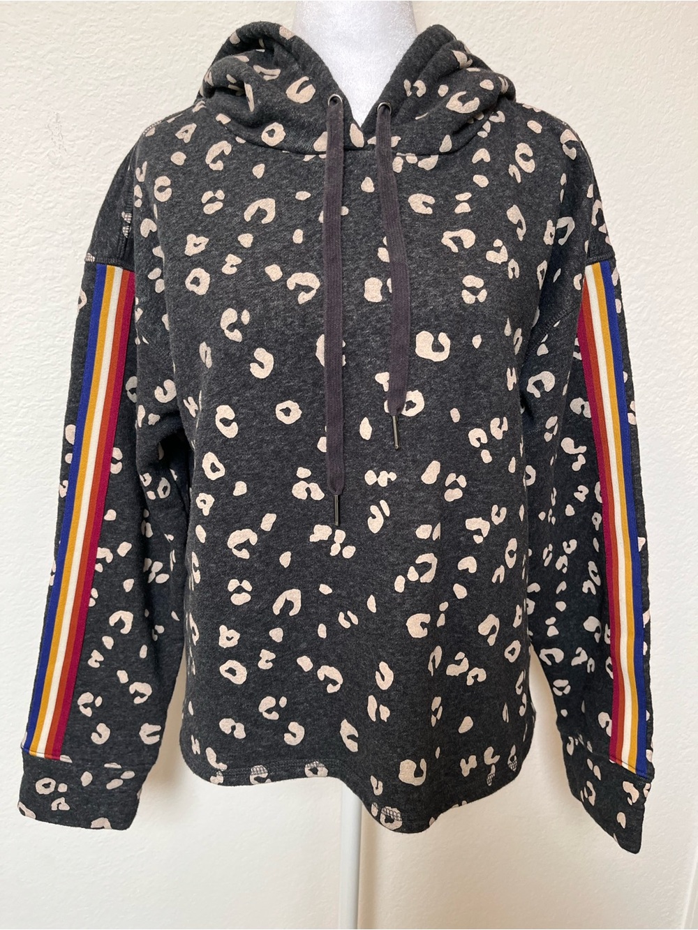 Evereve Black Leopard Print Hoodie with Multicolor Stripe Sleeves